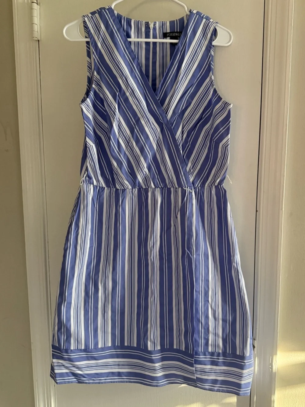 Roz & Ali Blue and White Striped Sleeveless Wrap-Style Midi Dress Size 10